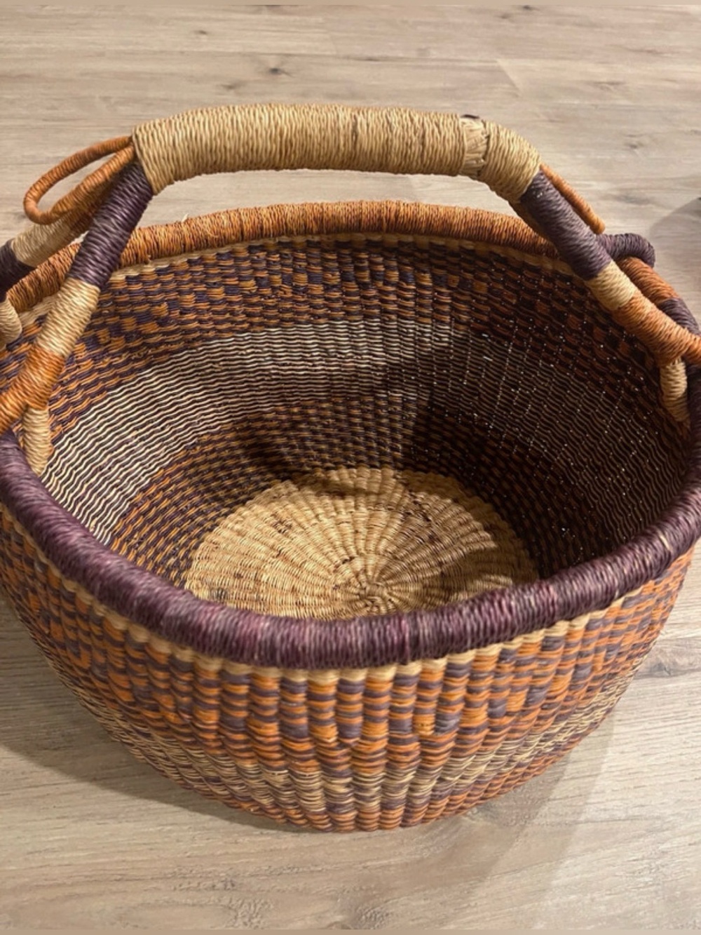 Handwoven Brown and Purple Woven Storage Bolga Market Basket (Approx 18”x14”)